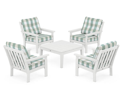 POLYWOOD® Vineyard 5-Piece Deep Seating Conversation Set in White / Buffalo Plaid Glacier Spa