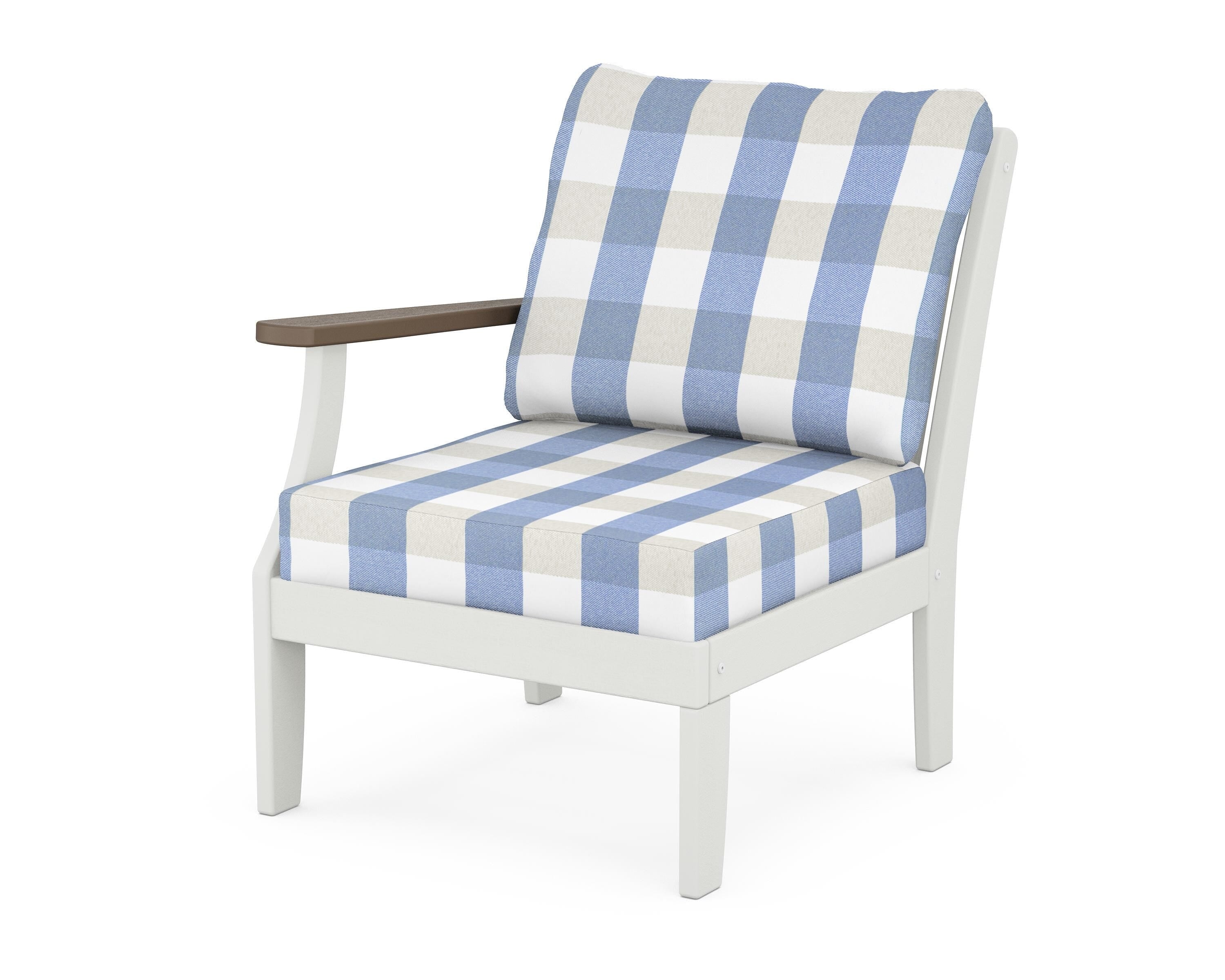POLYWOOD® Braxton Modular Left Arm Chair in White / Kona / Buffalo Plaid Sky Blue