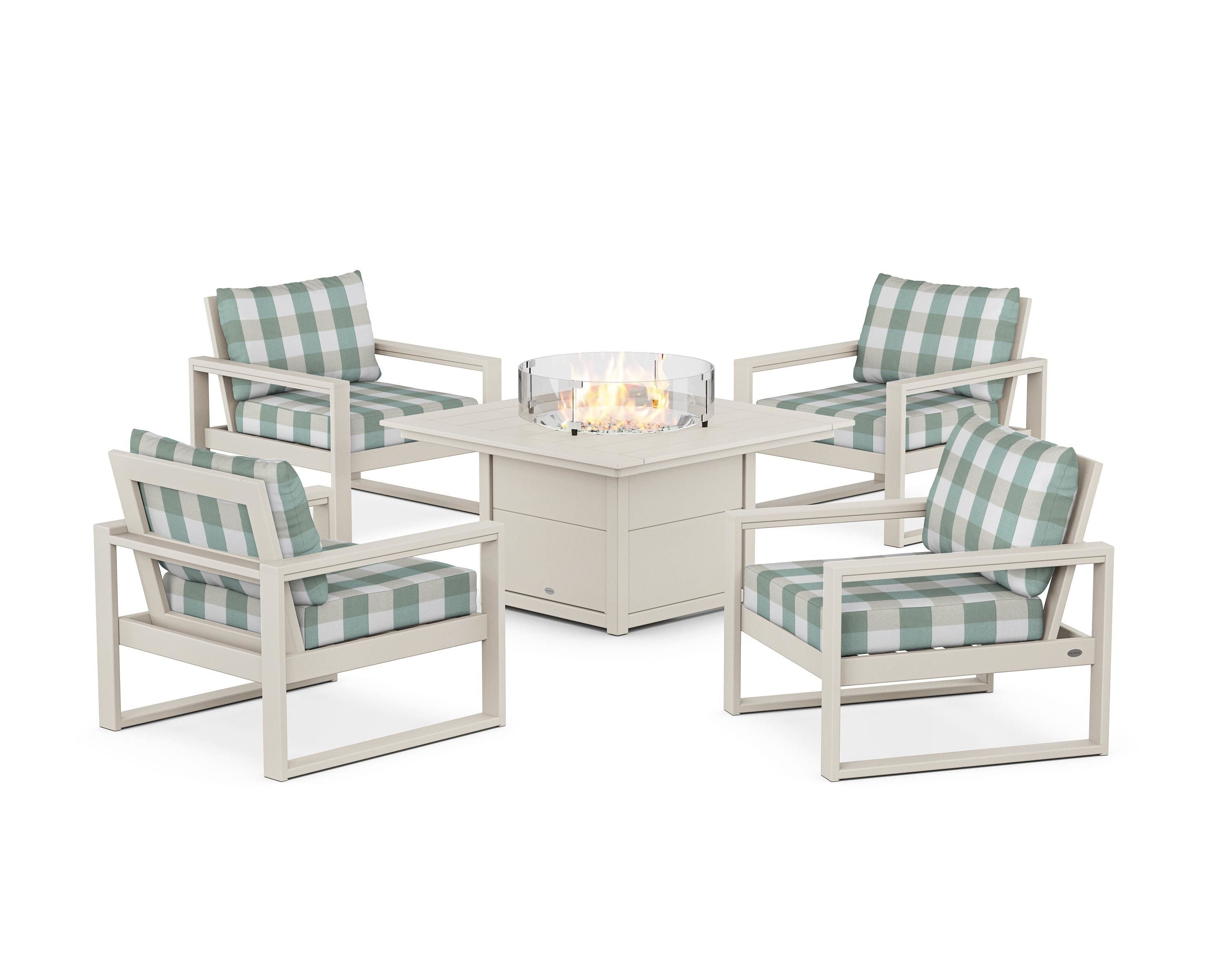 POLYWOOD® EDGE Sectional 5-Piece Deep Seating Set with Fire Pit Table in Sand / Buffalo Plaid Glacier Spa