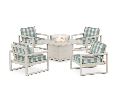 POLYWOOD® EDGE Sectional 5-Piece Deep Seating Set with Fire Pit Table in Sand / Buffalo Plaid Glacier Spa