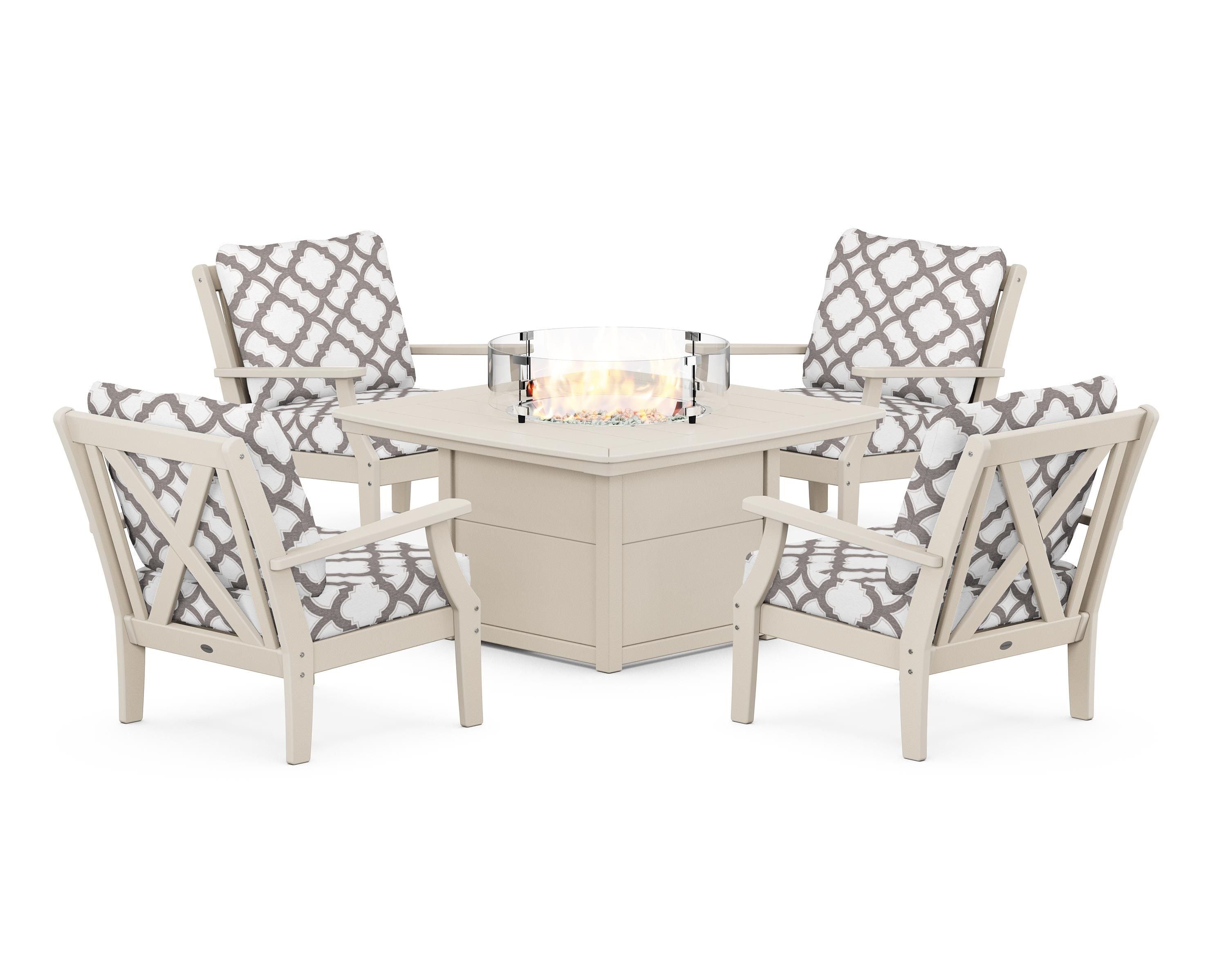 POLYWOOD® Braxton 5-Piece Deep Seating Conversation Set with Fire Pit Table in Sand / Trellis Grey Mist