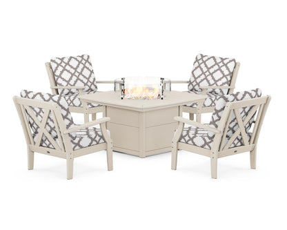POLYWOOD® Braxton 5-Piece Deep Seating Conversation Set with Fire Pit Table in Sand / Trellis Grey Mist