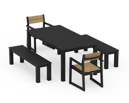 POLYWOOD® EDGE Sling Arm Chair 5-Piece Parsons Dining Set with Benches in Black / Burlap Sling