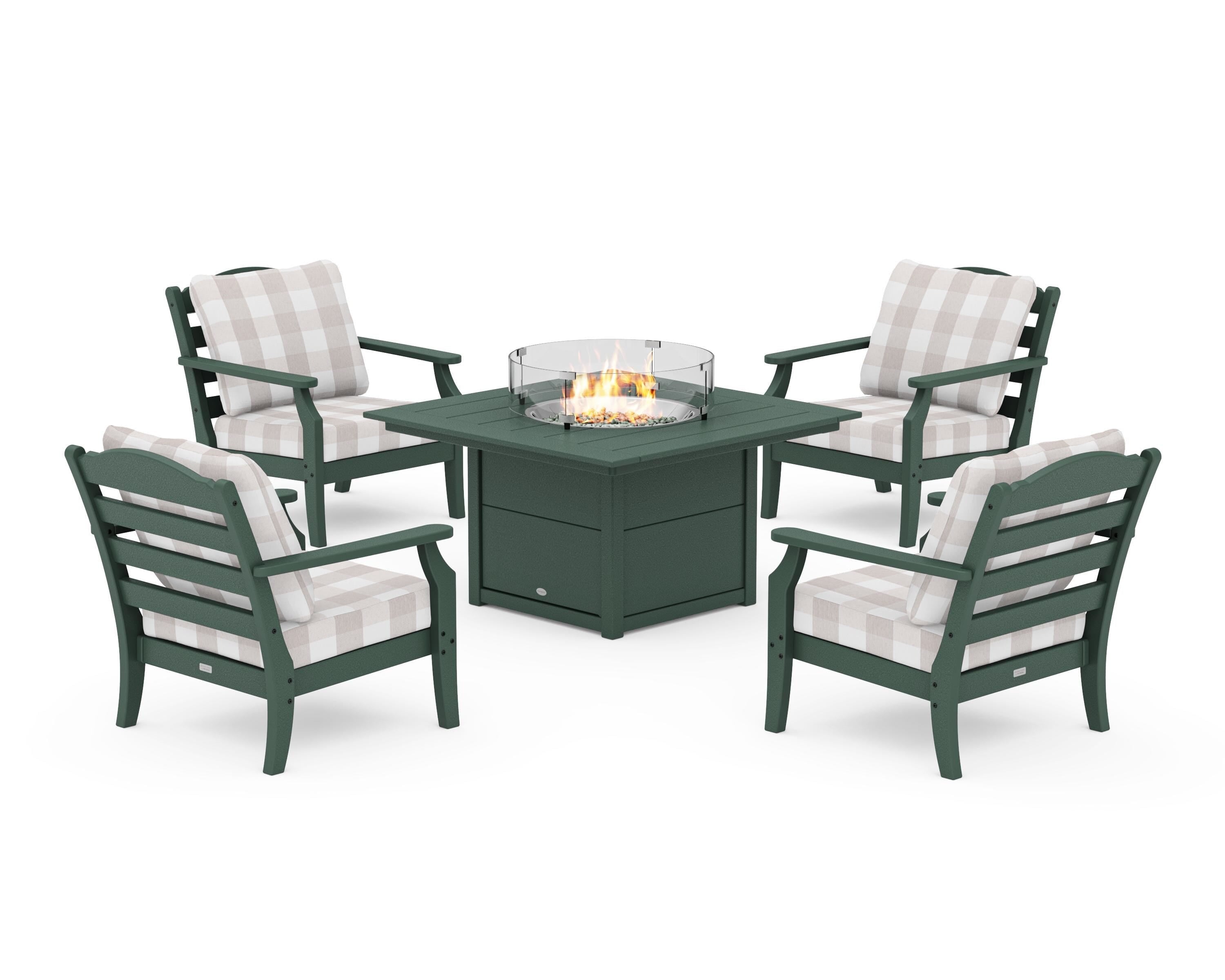 Draper James™ by  POLYWOOD® Savannah 5-Piece Deep Seating Set with Fire Pit Table in Green / Buffalo Plaid Dune Burlap