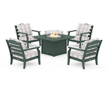 Draper James™ by  POLYWOOD® Savannah 5-Piece Deep Seating Set with Fire Pit Table in Green / Buffalo Plaid Dune Burlap