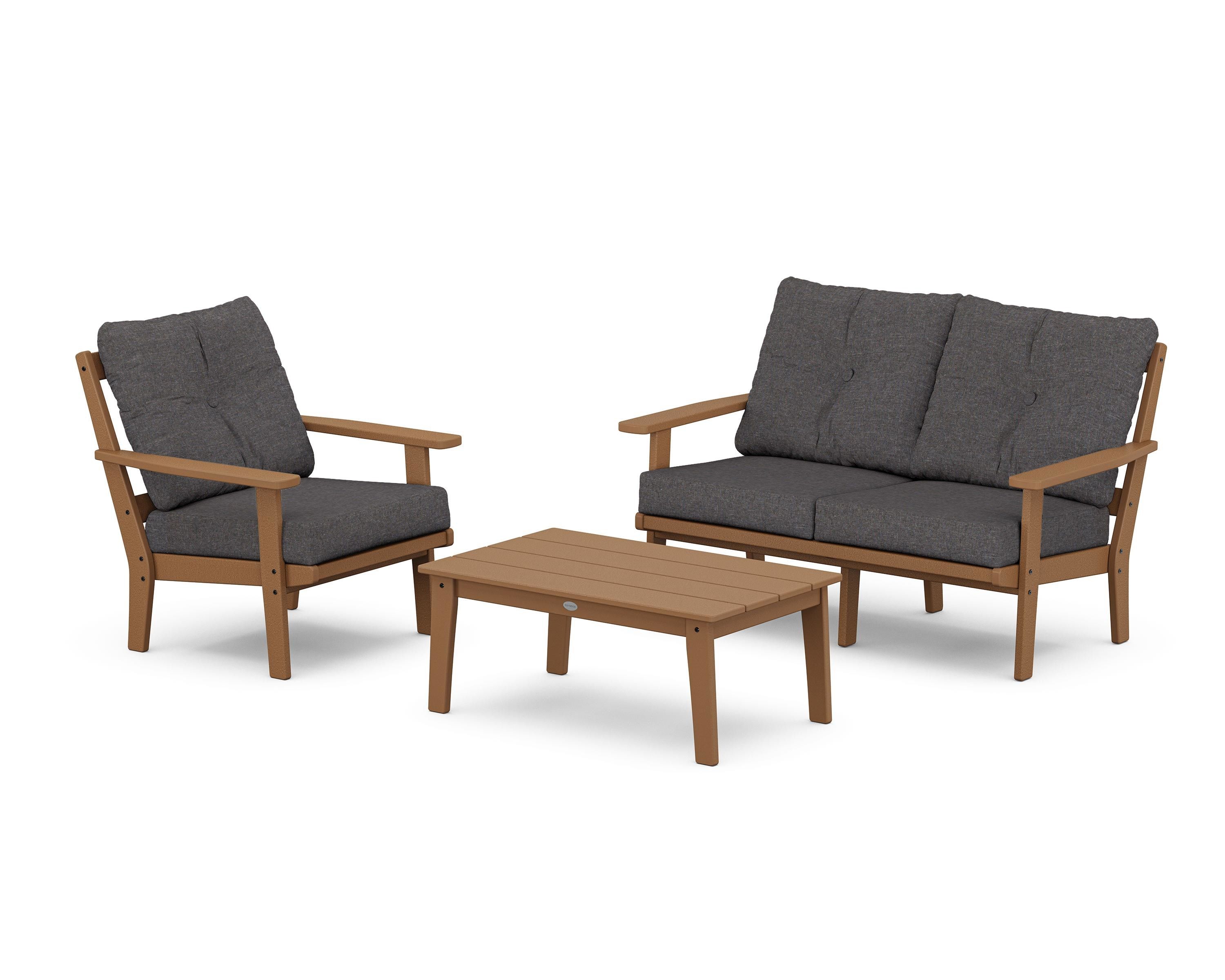 POLYWOOD® Oxford 3-Piece Deep Seating Set with Loveseat in Teak / Ash Charcoal