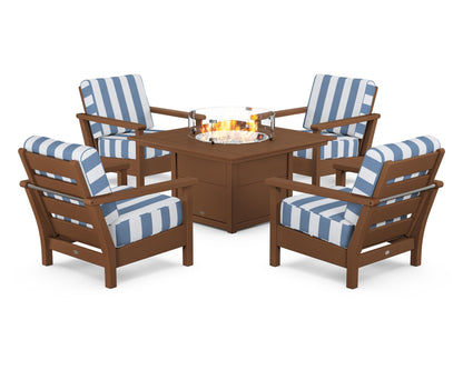POLYWOOD® Harbour 5-Piece Conversation Set with Fire Pit Table in Teak / Cabana Stripe Sky Blue