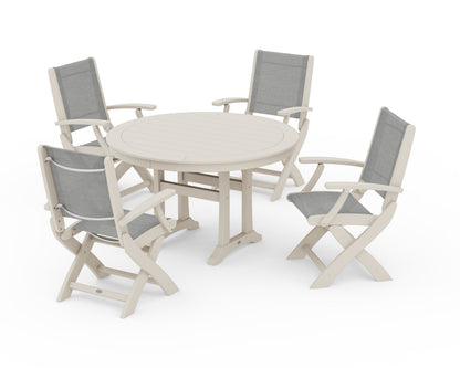 POLYWOOD® Coastal Folding Chair 5-Piece Round Dining Set with Trestle Legs in Sand / Metallic Sling