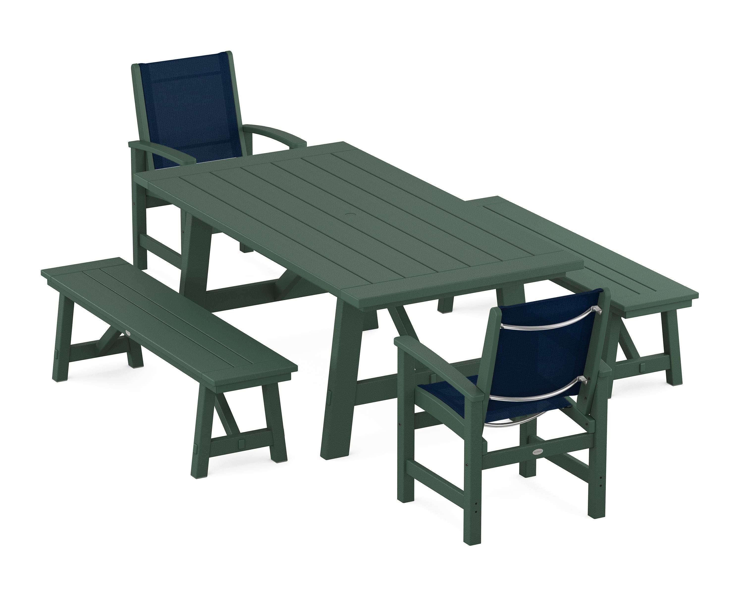 POLYWOOD® Coastal 5-Piece Rustic Farmhouse Dining Set With Benches in Green / Navy Blue Sling