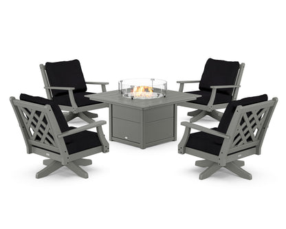 Country Living Wovendale 5-Piece Deep Seating Swivel Conversation Set with Fire Pit Table in Slate Grey / Midnight Linen