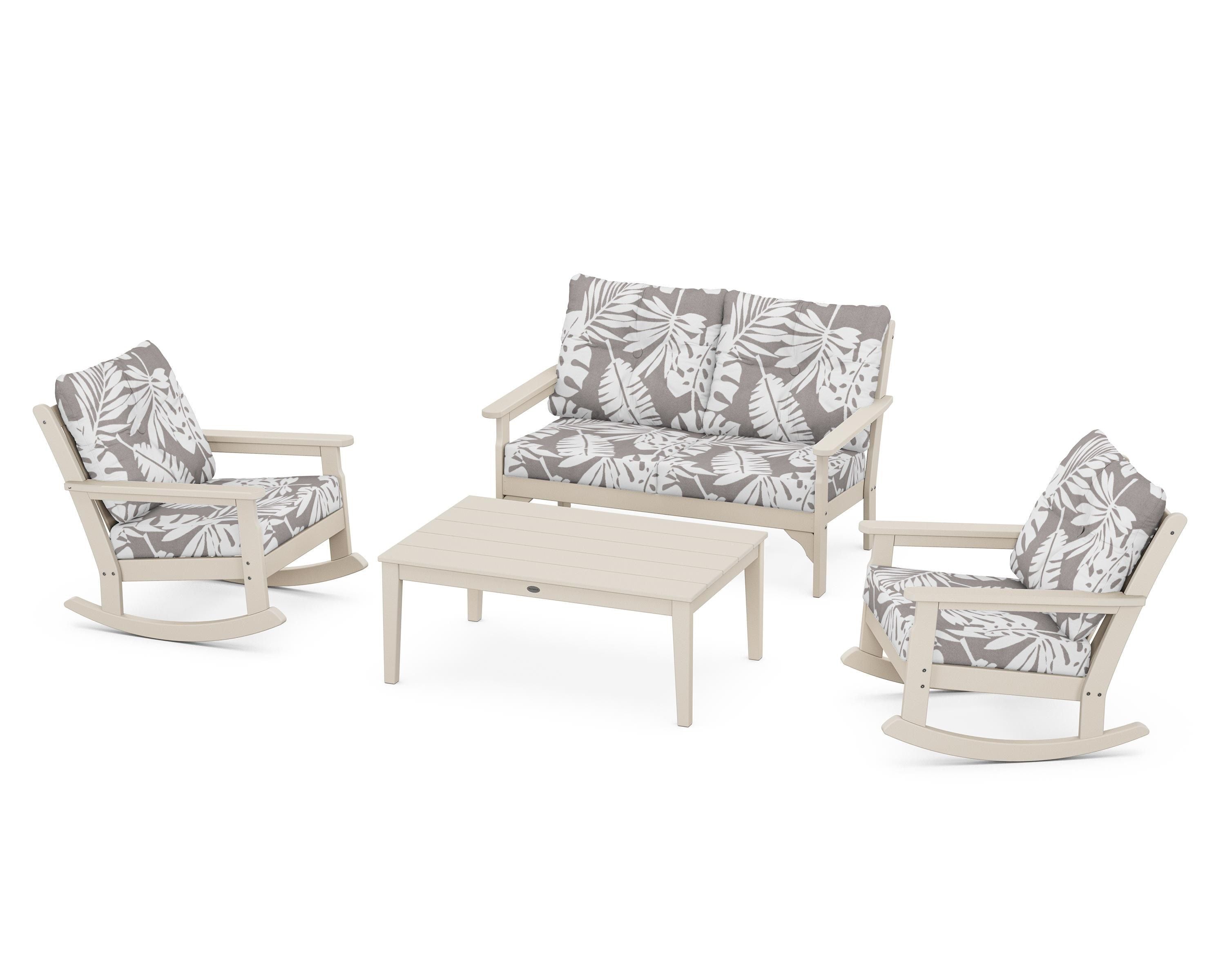 POLYWOOD® Vineyard 4-Piece Deep Seating Rocking Chair Set in Sand / Leaf Grey Mist