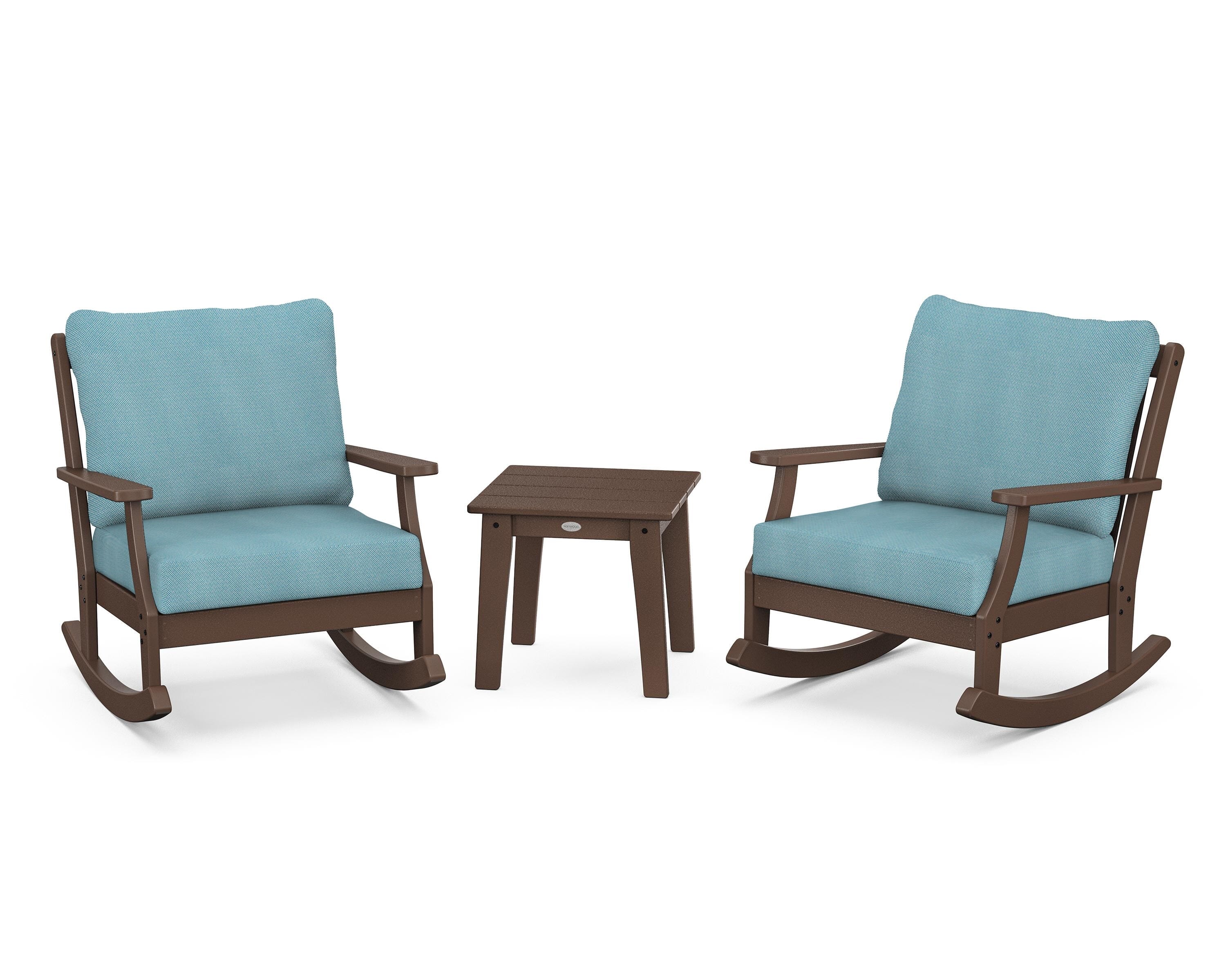 POLYWOOD® Braxton 3-Piece Deep Seating Rocker Set in Mahogany / Lattice Sky Blue