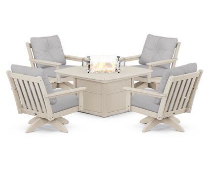 POLYWOOD® Vineyard 5-Piece Deep Seating Swivel Conversation Set with Fire Pit Table in Sand / Granite