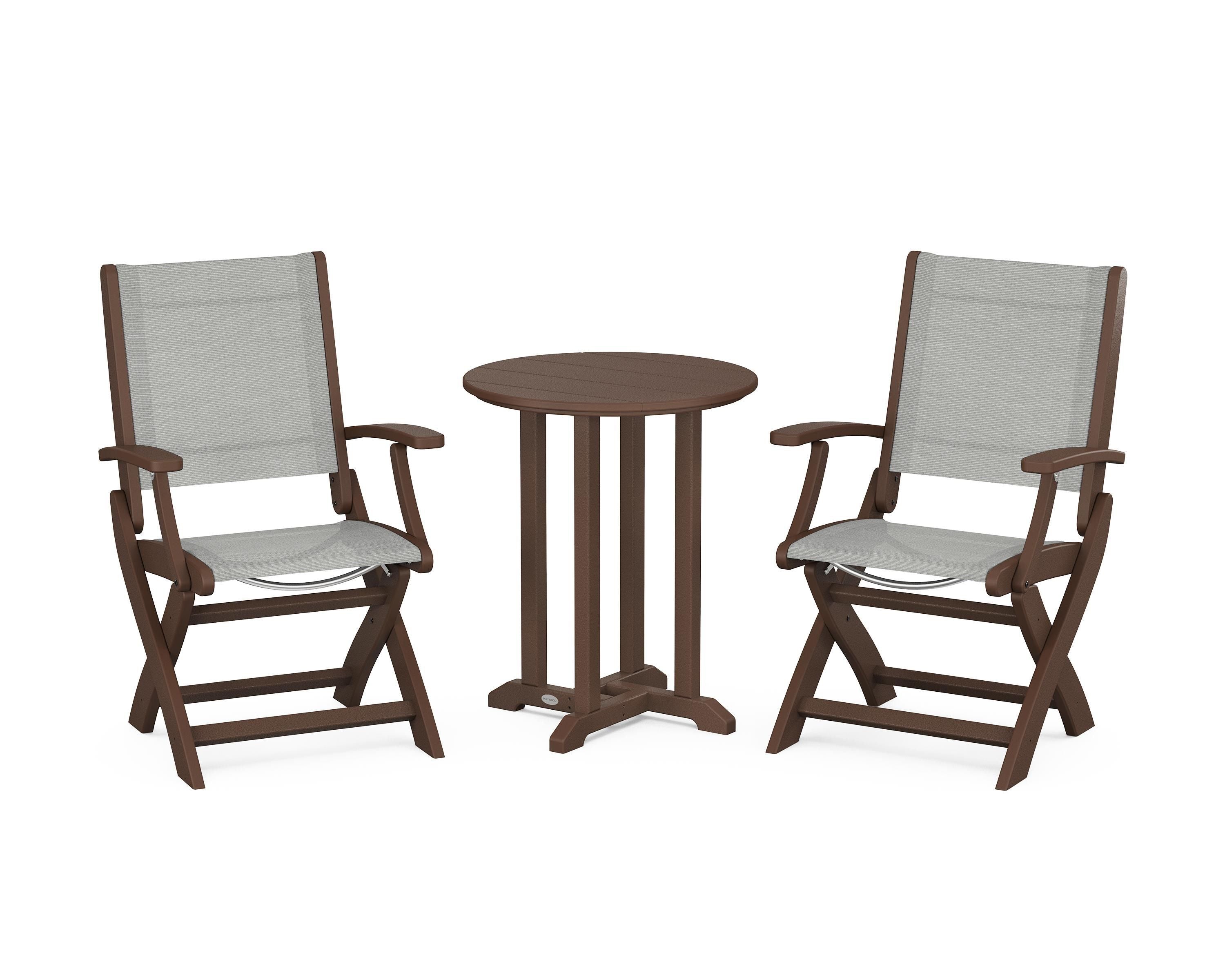 POLYWOOD® Coastal Folding 3-Piece Round Bistro Dining Set in Mahogany / Metallic Sling