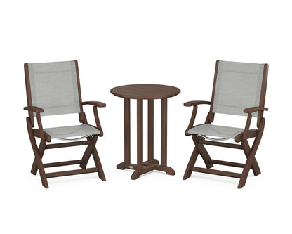 POLYWOOD® Coastal Folding 3-Piece Round Bistro Dining Set in Mahogany / Metallic Sling