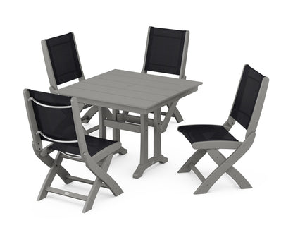 POLYWOOD® Coastal Folding Side Chair 5-Piece Farmhouse Dining Set With Trestle Legs in Slate Grey / Black Sling