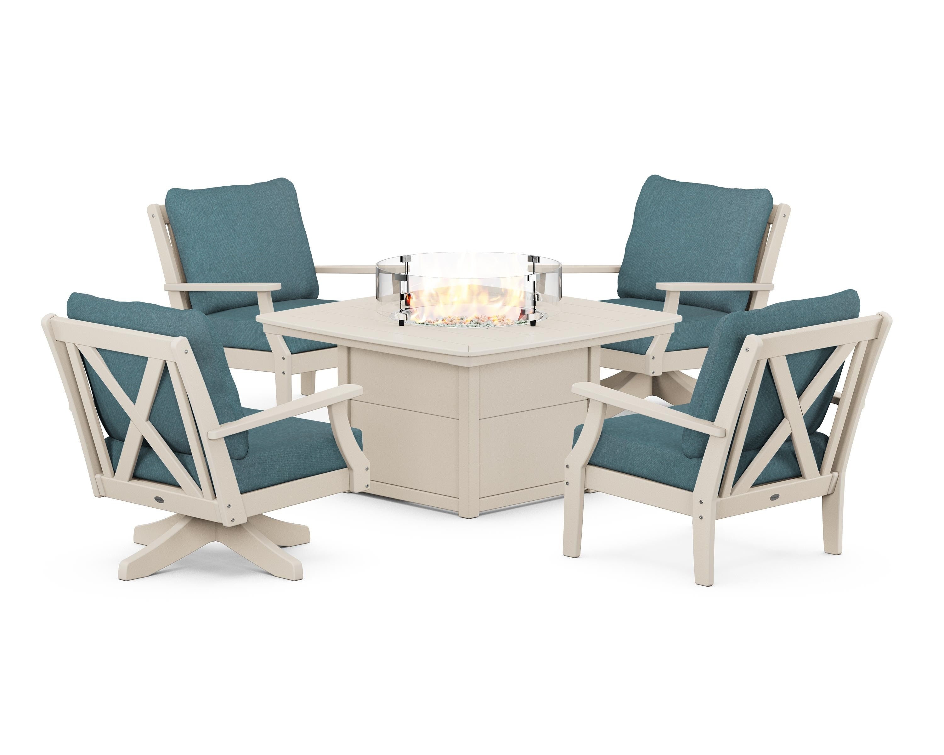 POLYWOOD® Braxton 5-Piece Deep Seating Set with Fire Table in Sand / Ocean Teal