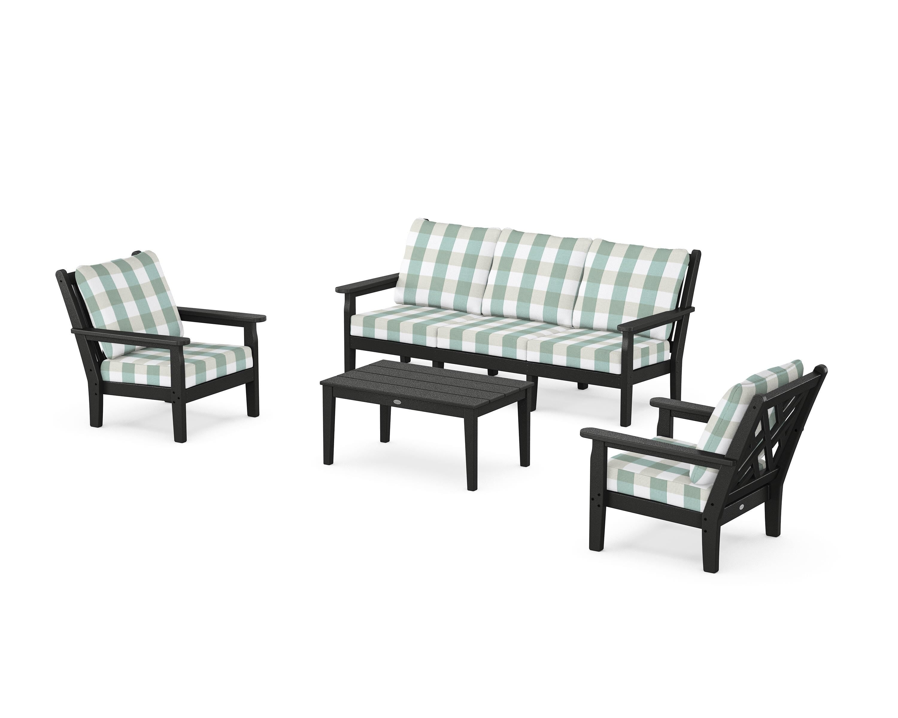 POLYWOOD® Chippendale 4-Piece Deep Seating Set with Sofa in Black / Buffalo Plaid Glacier Spa