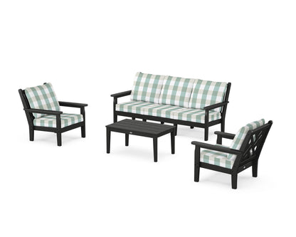 POLYWOOD® Chippendale 4-Piece Deep Seating Set with Sofa in Black / Buffalo Plaid Glacier Spa