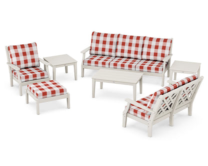 Country Living Wovendale 7-Piece Deep Seating Set in Sand / Buffalo Plaid Crimson