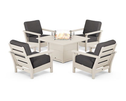 POLYWOOD® Harbour 5-Piece Conversation Set with Fire Pit Table in Sand / Ash Charcoal
