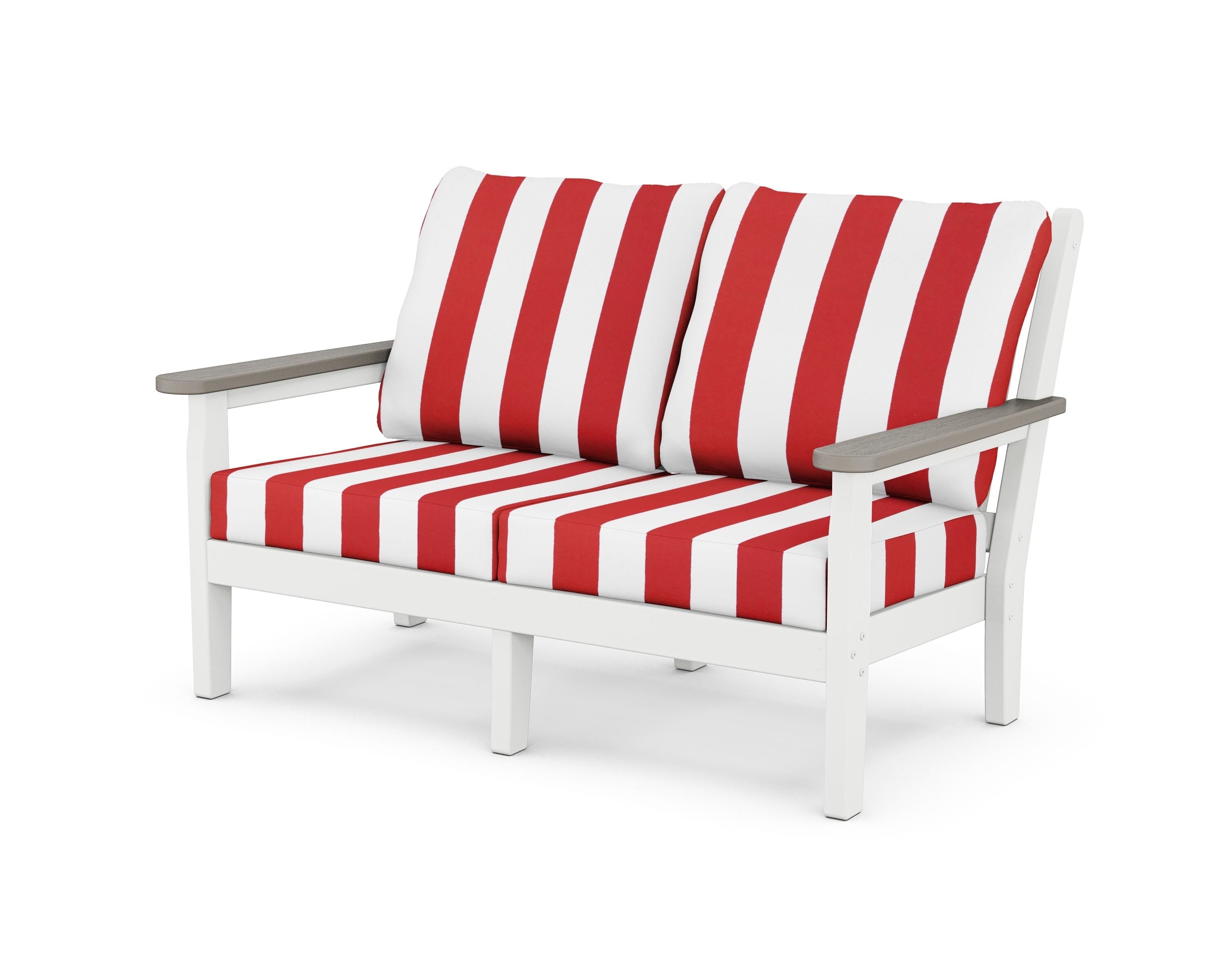 POLYWOOD® Chippendale Deep Seating Loveseat in White / Driftwood / Cabana Stripe Crimson
