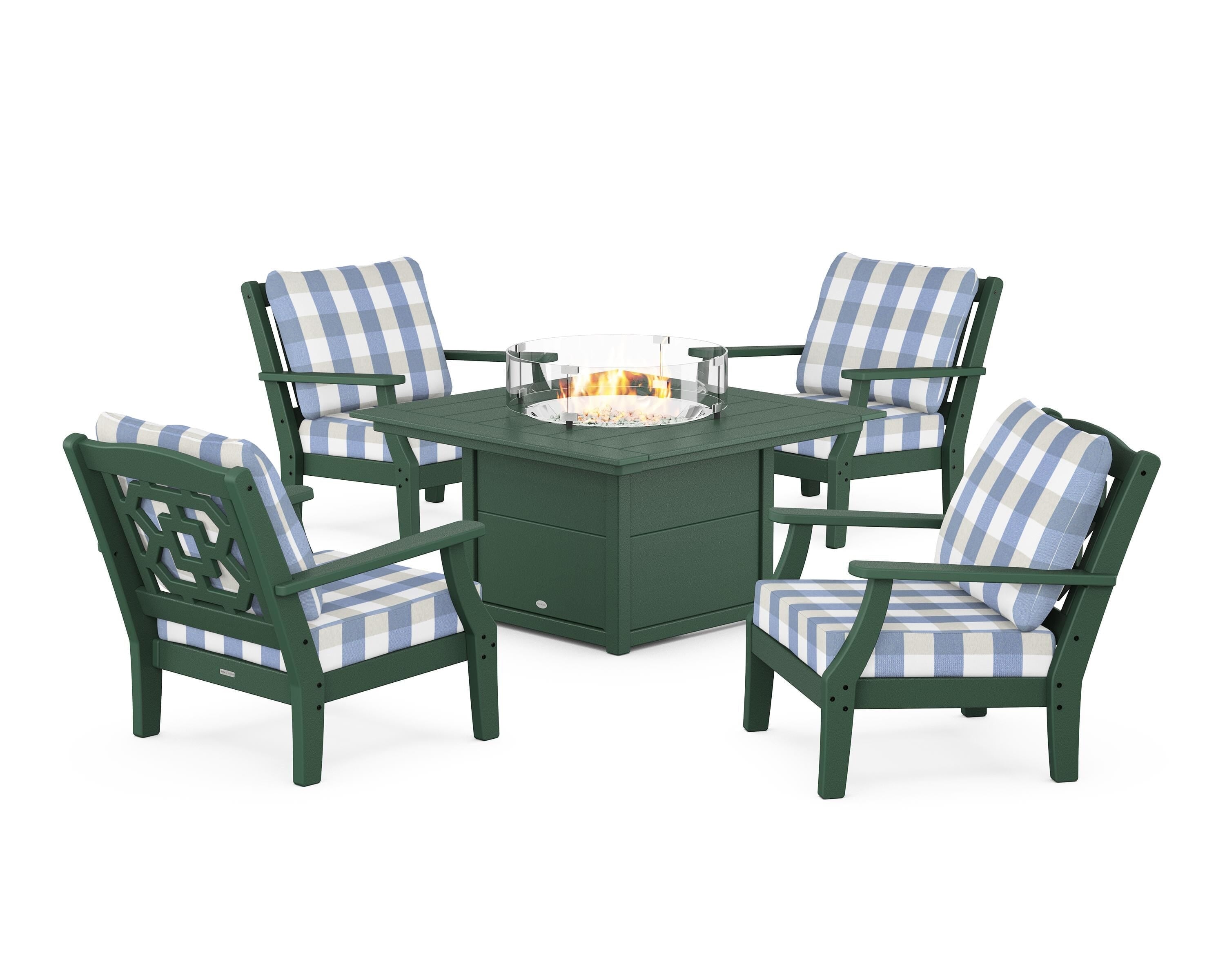 Martha Stewart by POLYWOOD® Chinoiserie 5-Piece Deep Seating Set with Fire Pit Table in Green / Buffalo Plaid Sky Blue