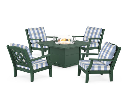 Martha Stewart by POLYWOOD® Chinoiserie 5-Piece Deep Seating Set with Fire Pit Table in Green / Buffalo Plaid Sky Blue