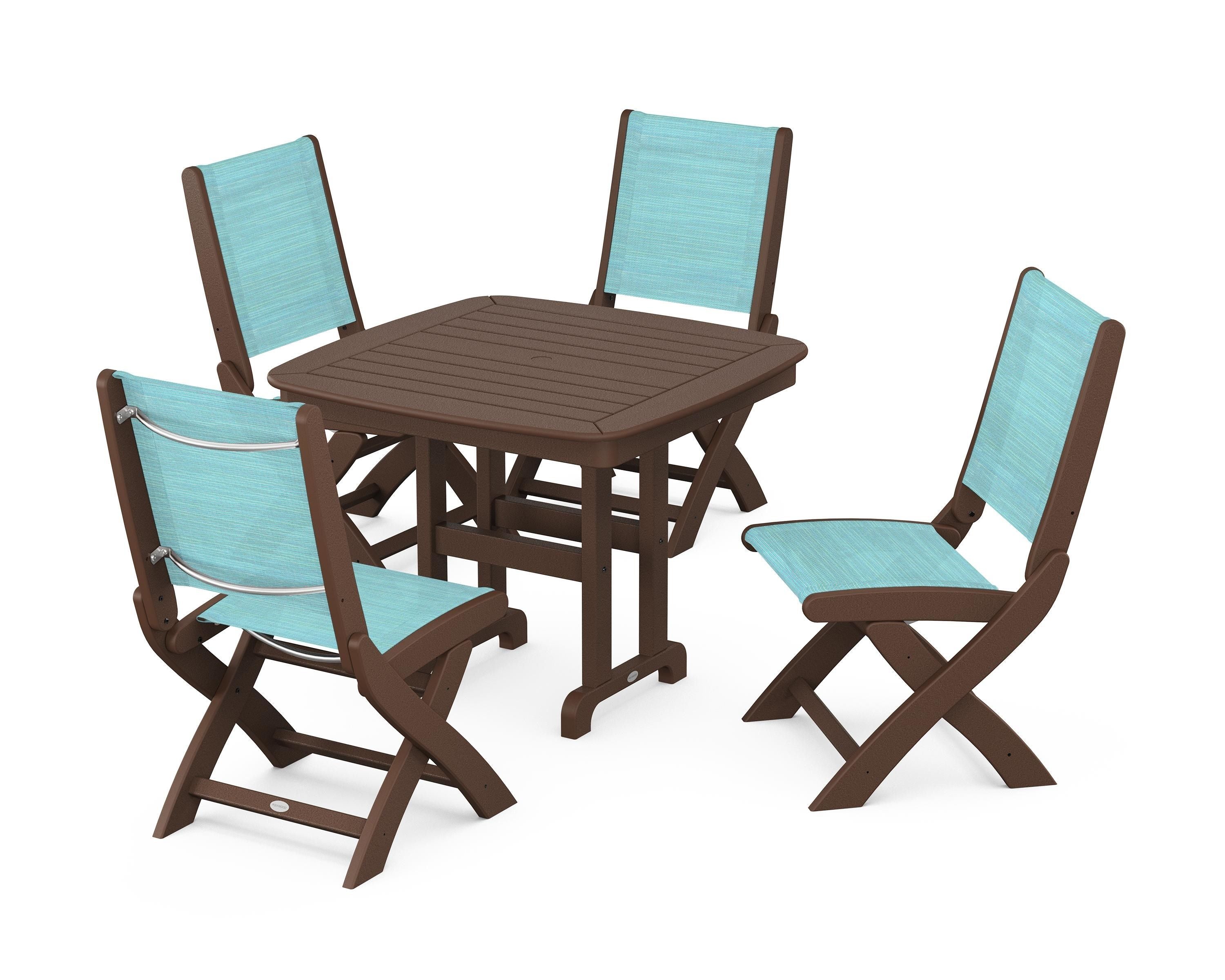 POLYWOOD® Coastal Folding Side Chair 5-Piece Dining Set in Mahogany / Dupioni Aquamarine Sling
