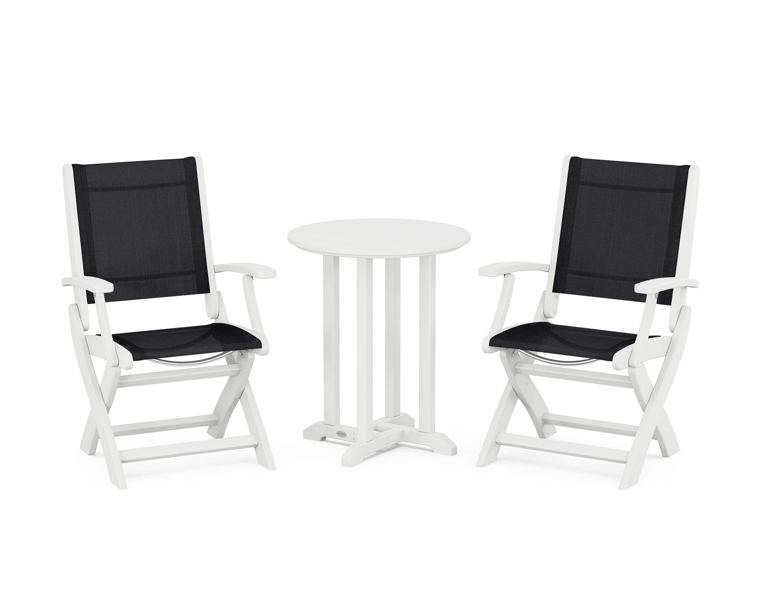POLYWOOD® Coastal Folding 3-Piece Round Bistro Dining Set in White / Black Sling