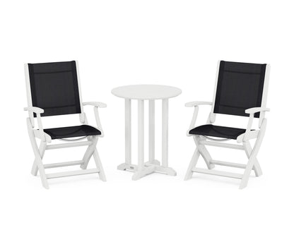 POLYWOOD® Coastal Folding 3-Piece Round Bistro Dining Set in White / Black Sling