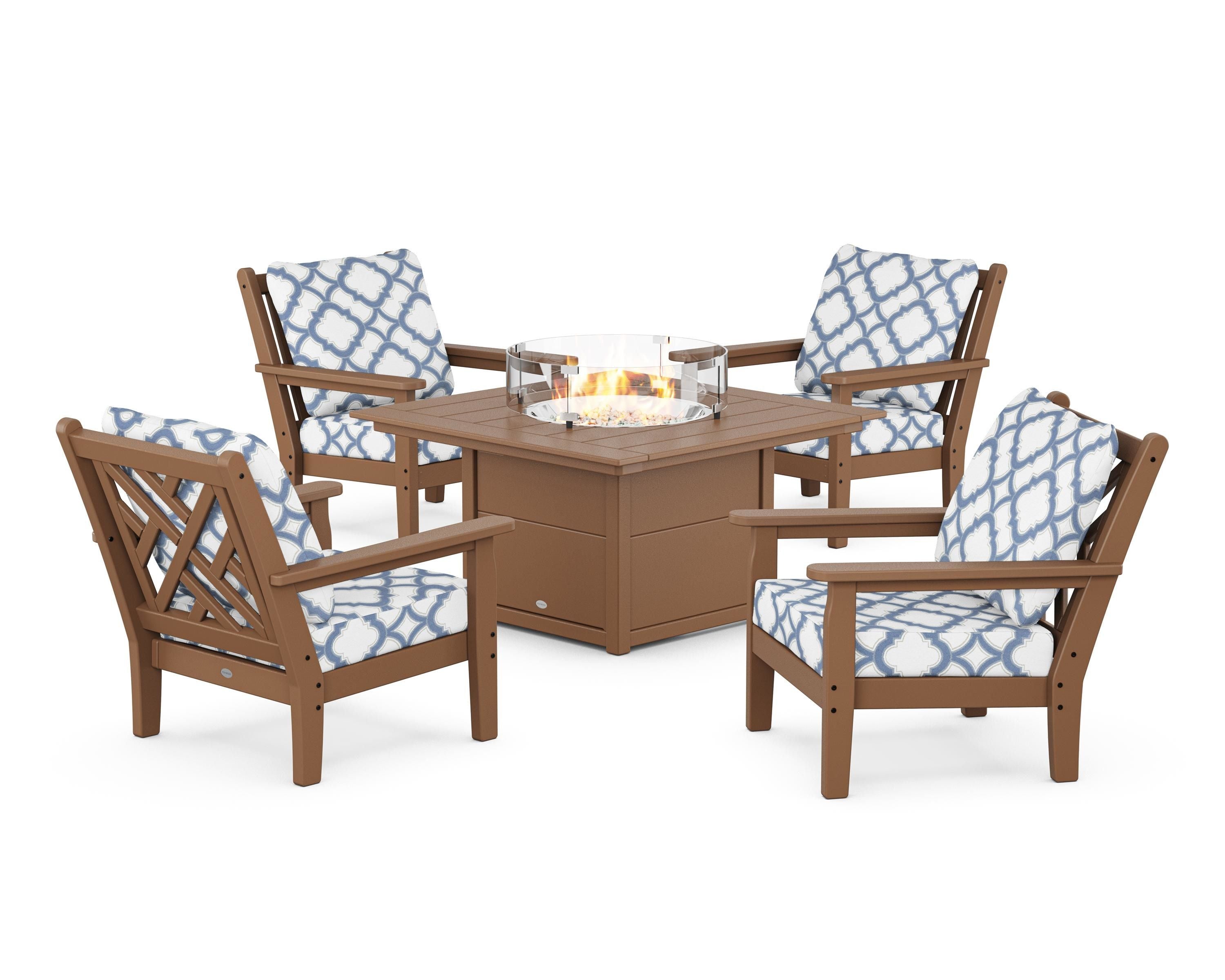 POLYWOOD® Chippendale 5-Piece Deep Seating Set with Fire Pit Table in Teak / Trellis Sky Blue