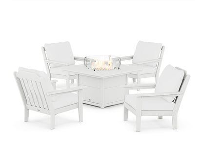 Country Living Cottage 5-Piece Deep Seating Set with Fire Pit Table in White / Natural