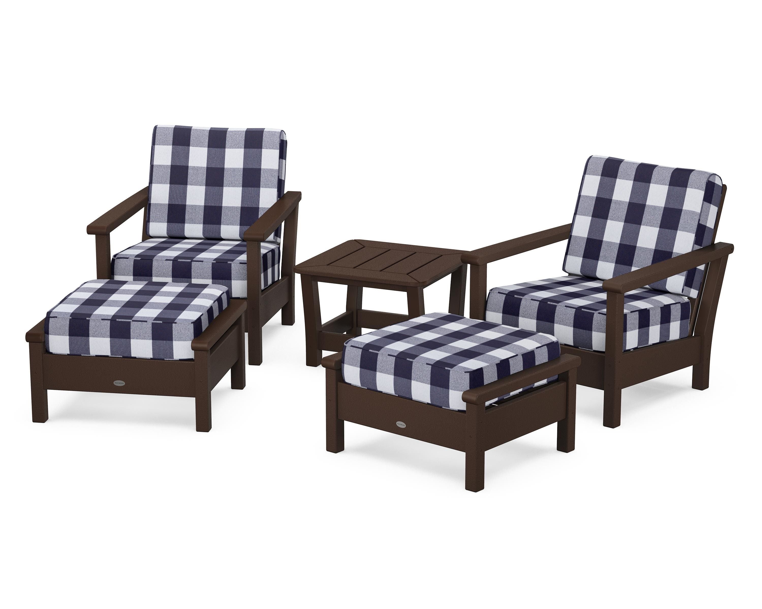 POLYWOOD® Harbour 5-Piece Deep Seating Chair Set in Mahogany / Buffalo Plaid Navy