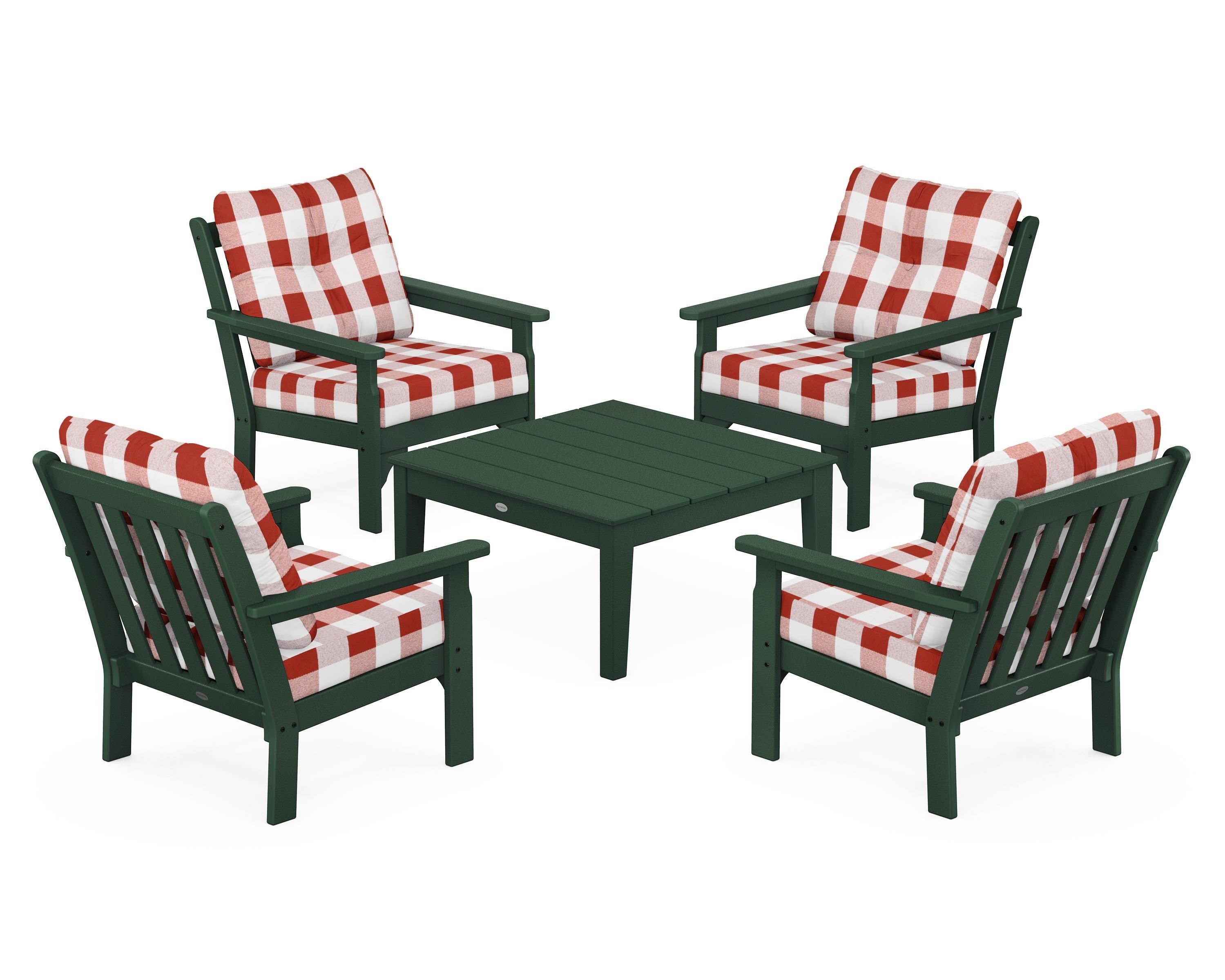POLYWOOD® Vineyard 5-Piece Deep Seating Conversation Set in Green / Buffalo Plaid Crimson