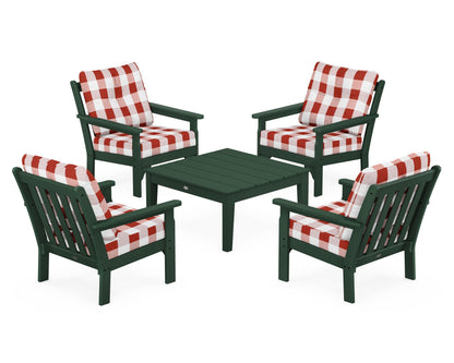 POLYWOOD® Vineyard 5-Piece Deep Seating Conversation Set in Green / Buffalo Plaid Crimson