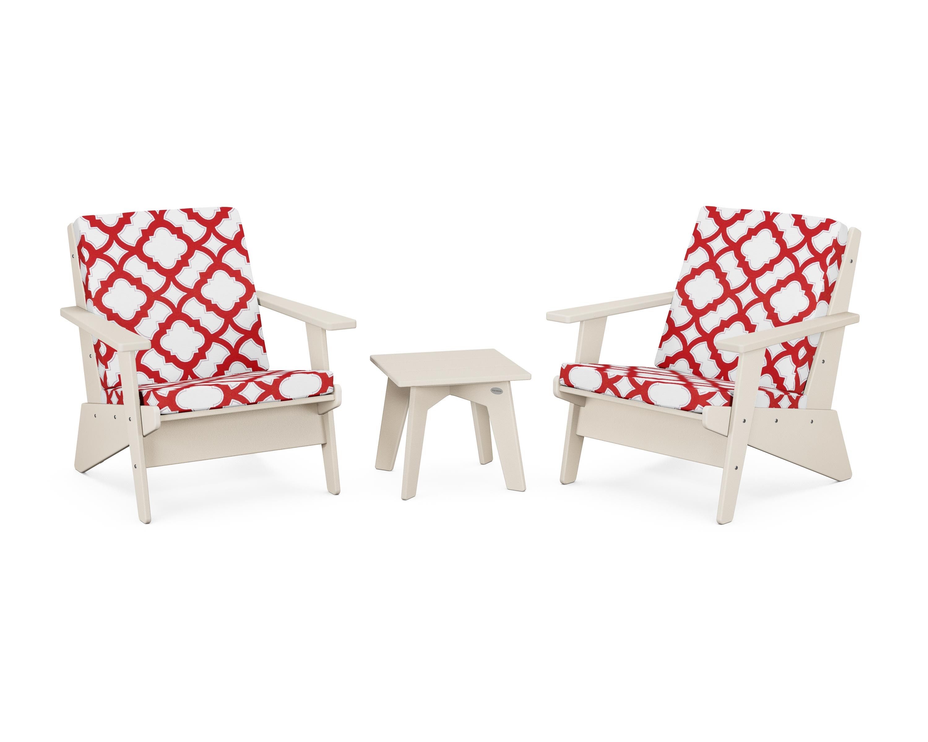 POLYWOOD® Riviera Modern Lounge 3-Piece Set in Sand / Trellis Crimson