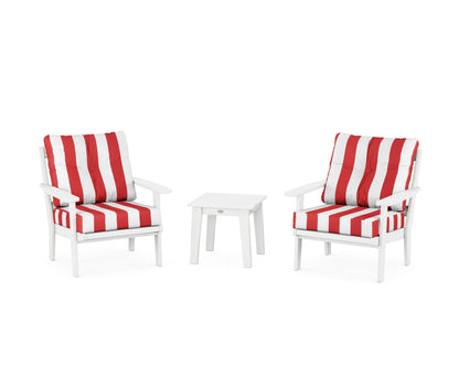 POLYWOOD® Oxford 3-Piece Deep Seating Set in White / Cabana Stripe Crimson