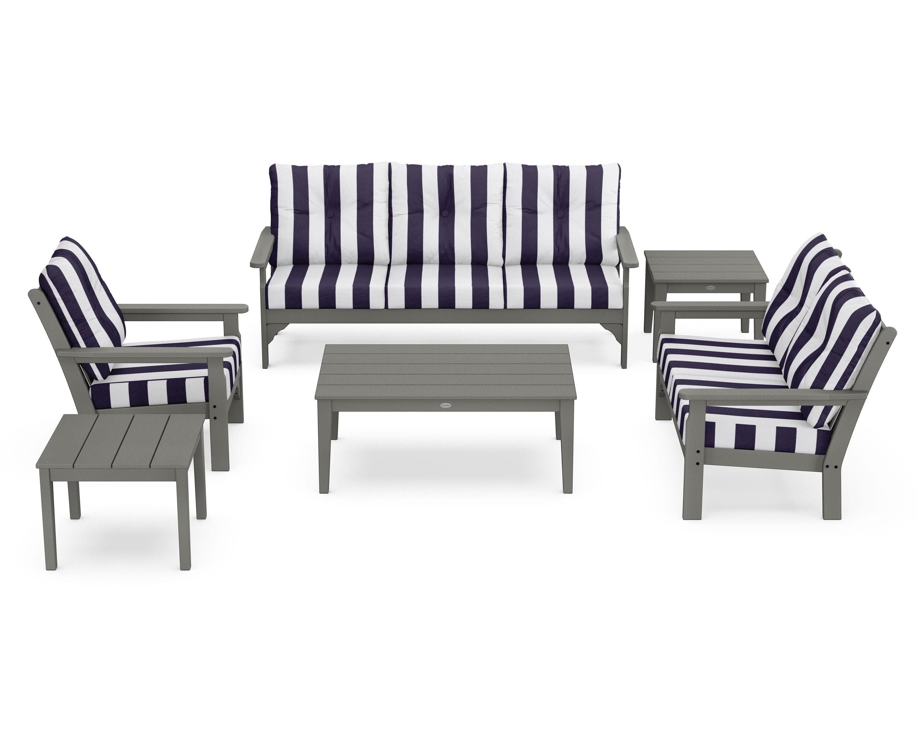 POLYWOOD® Vineyard 6-Piece Deep Seating Set in Slate Grey / Cabana Stripe Navy