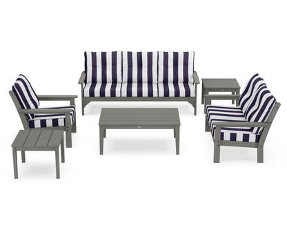 POLYWOOD® Vineyard 6-Piece Deep Seating Set in Slate Grey / Cabana Stripe Navy