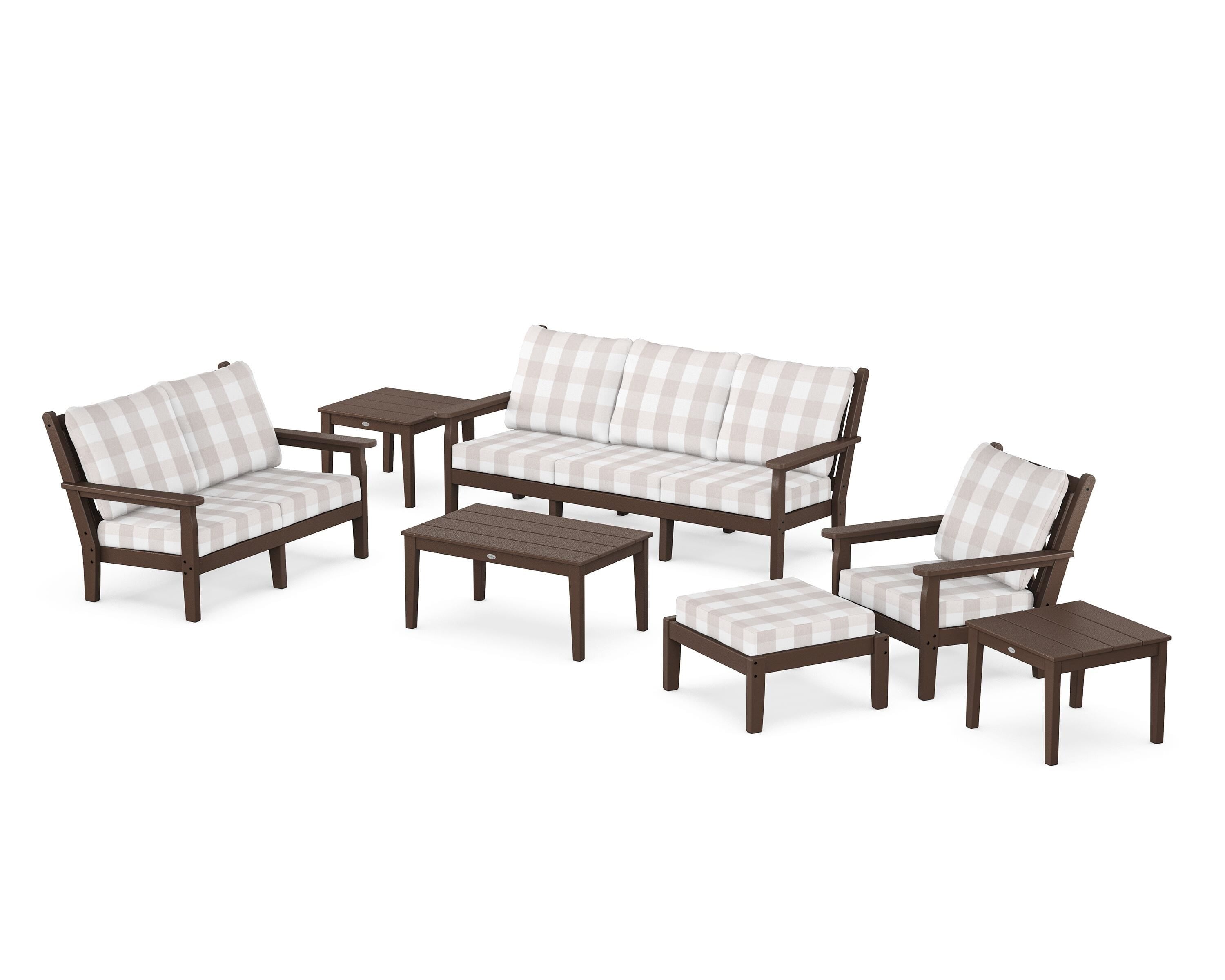 POLYWOOD® Chippendale 7-Piece Deep Seating Set in Mahogany / Buffalo Plaid Dune Burlap