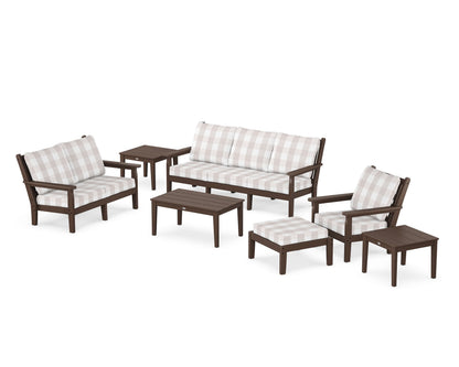POLYWOOD® Chippendale 7-Piece Deep Seating Set in Mahogany / Buffalo Plaid Dune Burlap