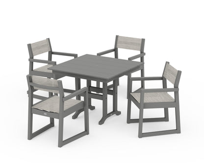 POLYWOOD® EDGE Sling Arm Chair 5-Piece Farmhouse Dining Set in Slate Grey / Birch Sling