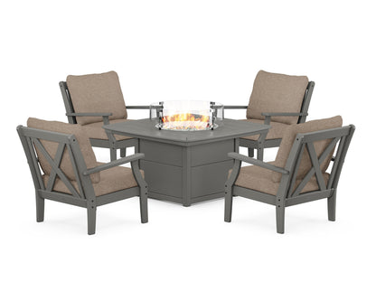 POLYWOOD® Braxton 5-Piece Deep Seating Conversation Set with Fire Pit Table in Slate Grey / Spiced Burlap