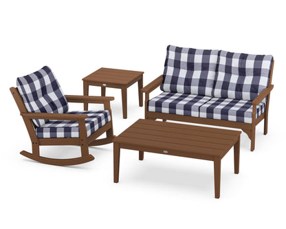 POLYWOOD® Vineyard 4-Piece Deep Seating Rocker Set in Teak / Buffalo Plaid Navy