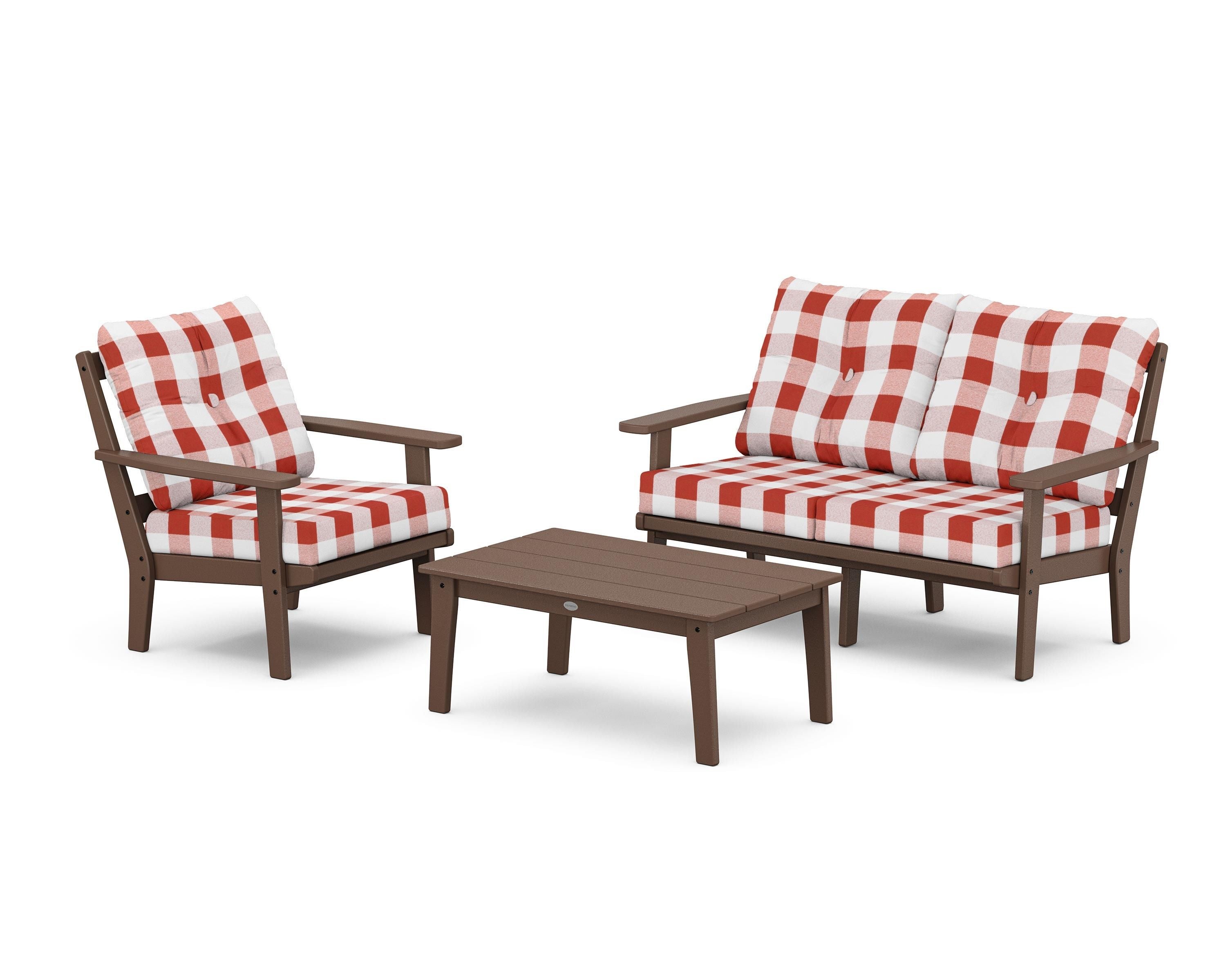 POLYWOOD® Oxford 3-Piece Deep Seating Set with Loveseat in Mahogany / Buffalo Plaid Crimson