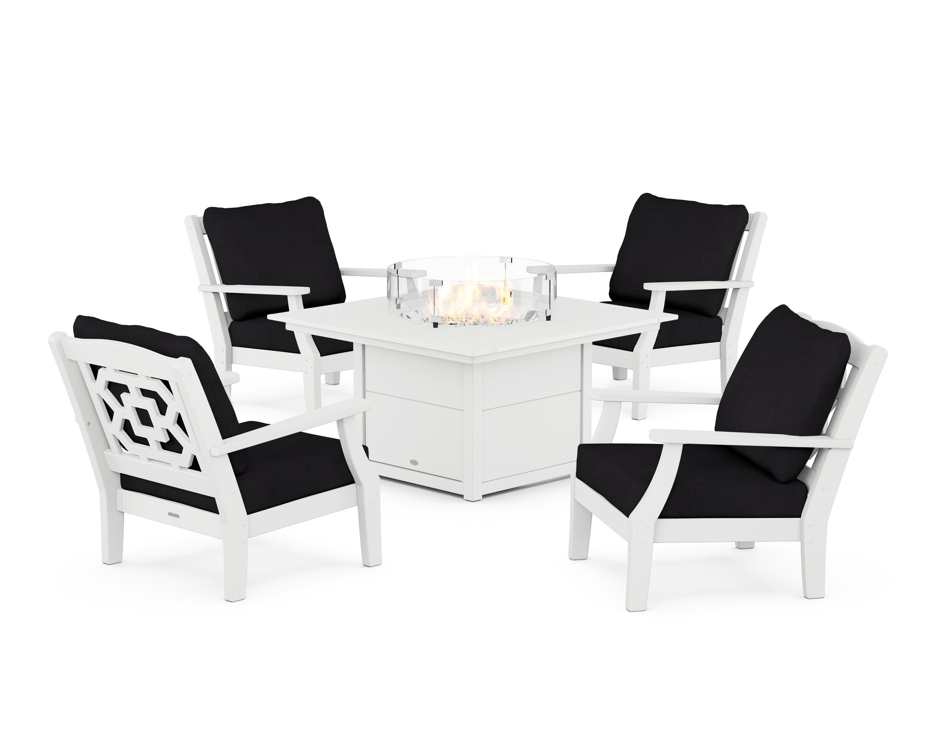 Martha Stewart by POLYWOOD® Chinoiserie 5-Piece Deep Seating Set with Fire Pit Table in White / Midnight Linen