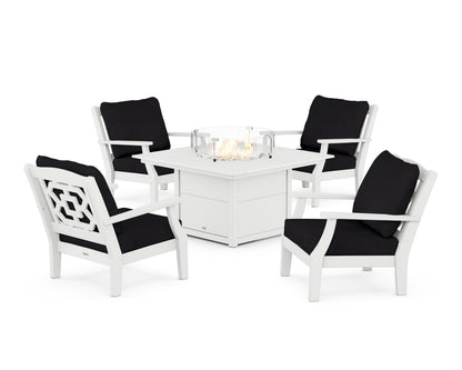 Martha Stewart by POLYWOOD® Chinoiserie 5-Piece Deep Seating Set with Fire Pit Table in White / Midnight Linen