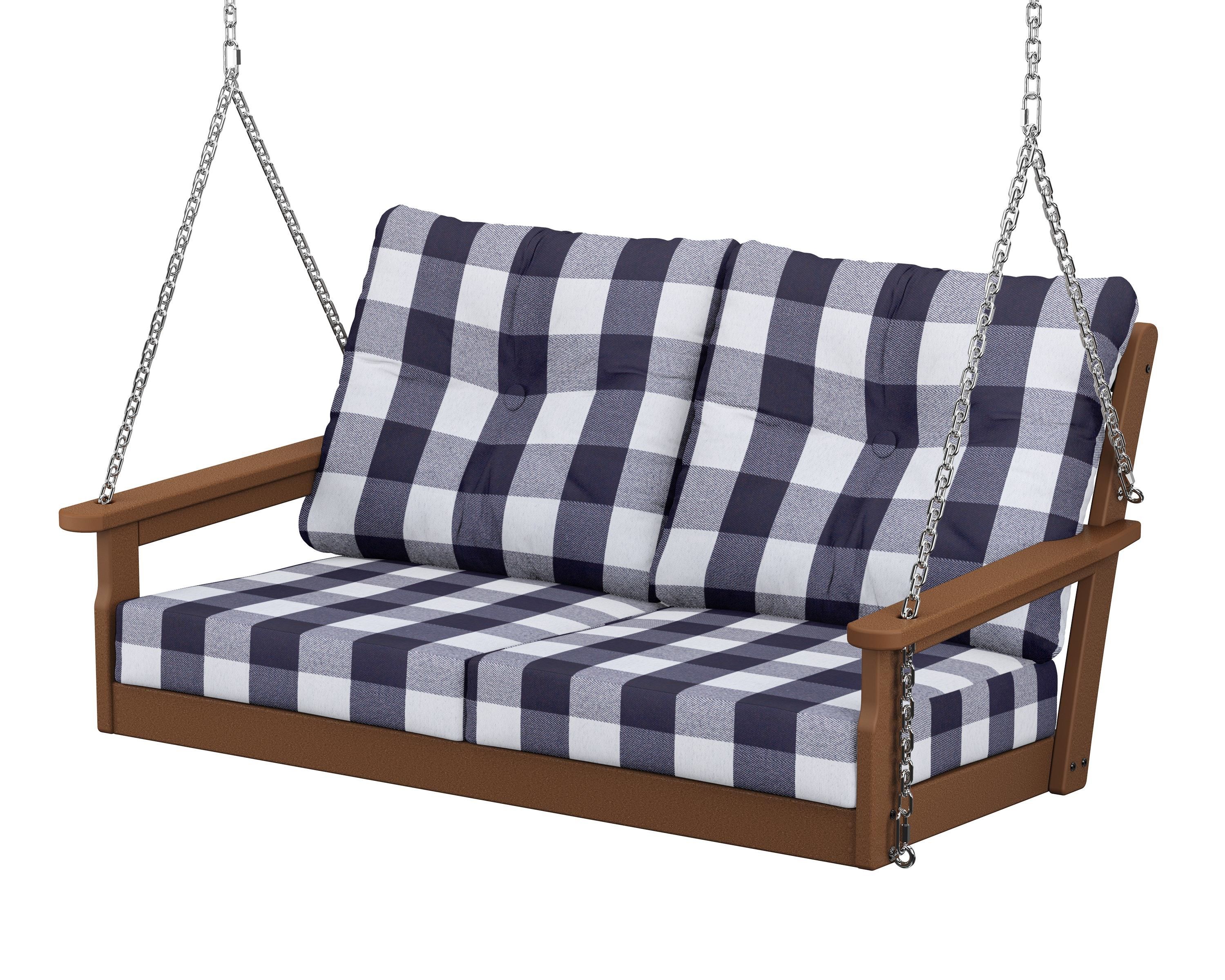 POLYWOOD® Vineyard Deep Seating Swing in Teak / Buffalo Plaid Navy