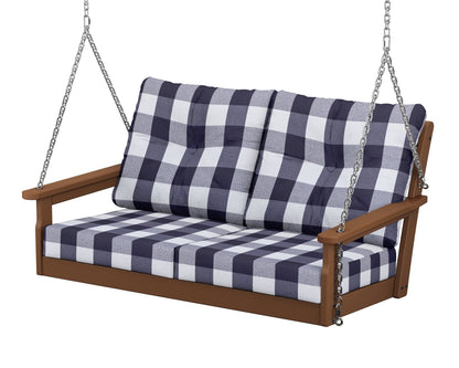 POLYWOOD® Vineyard Deep Seating Swing in Teak / Buffalo Plaid Navy